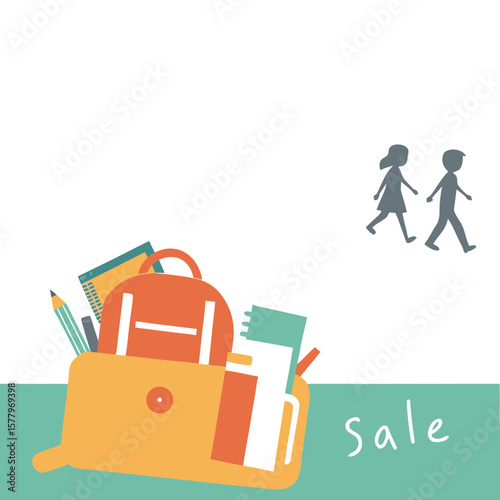 Backpack and school supplies illustration promoting back-to-school sale  