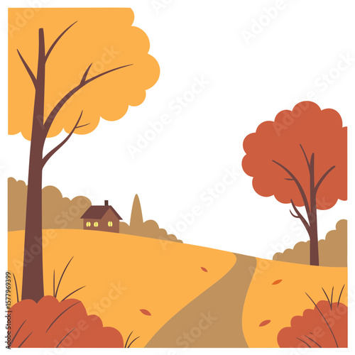 Autumn landscape with trees and a house on a winding path  