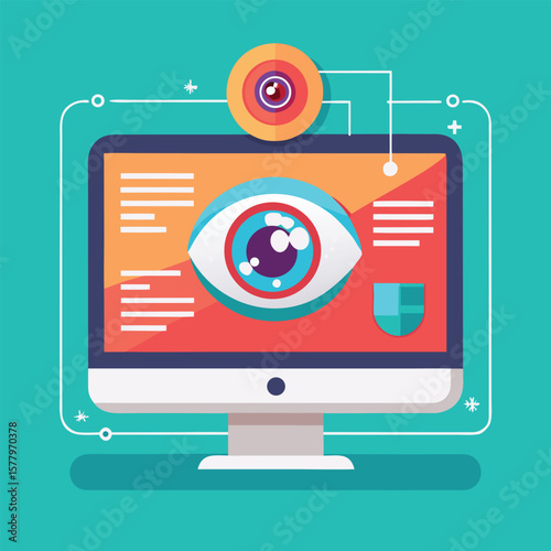 Conceptual illustration of cybersecurity surveillance with eye symbol displayed on computer screen and webcam.