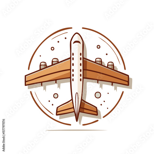 Stylized airplane icon with wings, fuselage, tail, and a circular design element