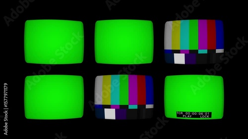 Television control room with multiple screens displaying green screen. Several vintage CRT screens with green screens arranged together. Professional TV broadcast green screen monitors from 90s. 