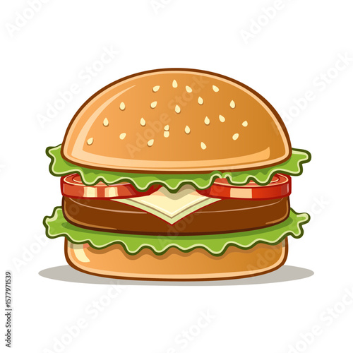 Mouthwatering Vector Burger Illustration with Lettuce, Tomato and Cheese Layers Perfect for Food Designs