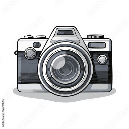 Vintage camera illustration features a prominent lens, retro design, perfect for photography enthusiasts and creative projects.