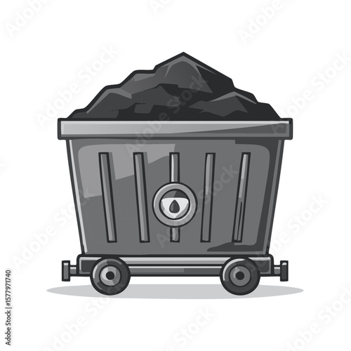 Illustration of a Coal Cart Carrying Dark Mineral Rocks in a Mining Trolley