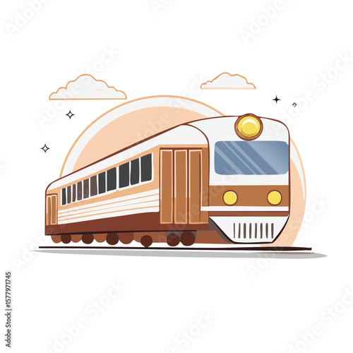 Illustration of a Train in Motion with Cartoon Clouds and Star Accents, Cartoon Train