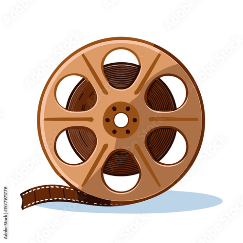 Film Reel Illustration: Retro Cinema Spool with Brown Filmstrip Details, Isolated Icon