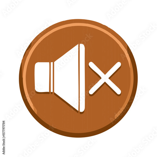 Mute Speaker Icon on Brown Wooden Button, No Audio, Shut Up, Silence