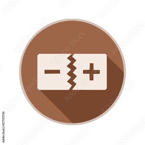 Isolated battery icon with zig-zag disconnect on brown circle with drop shadow for power outage or low power situation concept