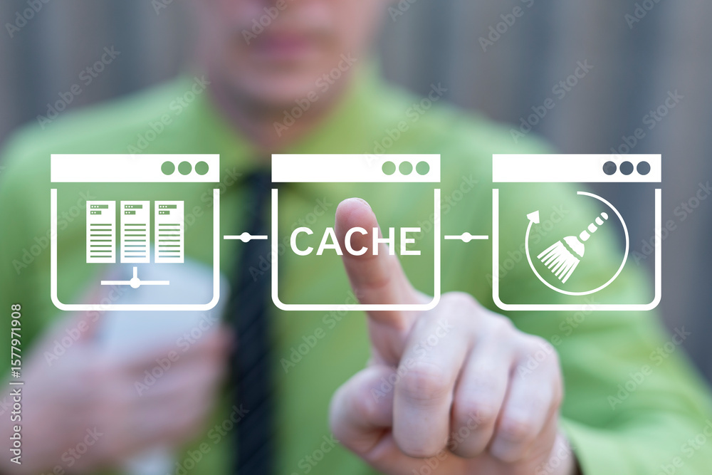 Naklejka premium Business person using virtual touch screen push word: CACHE. Cache and spam concept for website design or landing web page. Web cleaning and deleting trash files.