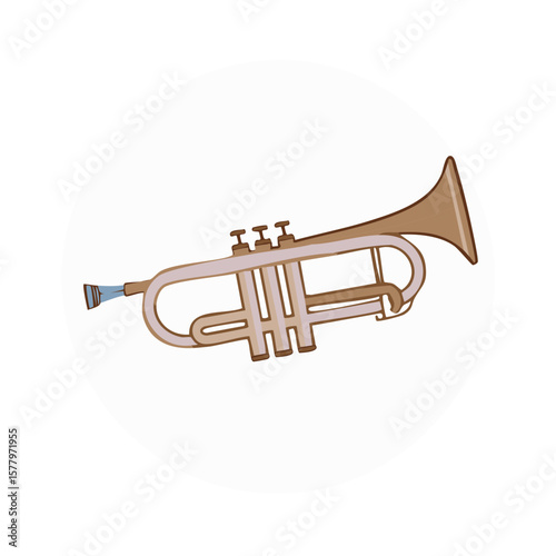 Illustration of a trumpet instrument on a white round background simple design