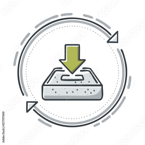 Download icon with arrow and tray in circular motion for data transmission and updates