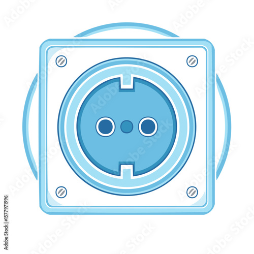 Light blue electrical outlet illustration with grounded plug design and wall plate with screws for home power