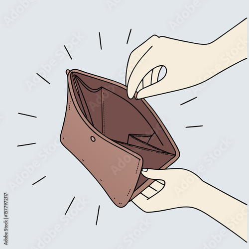 Empty Wallet Financial Hardship Vector – Hands Holding Open Wallet with No Money, Symbolizing Poverty, Debt, Budget Issues, and Economic Crisis in Minimalist Flat Style

