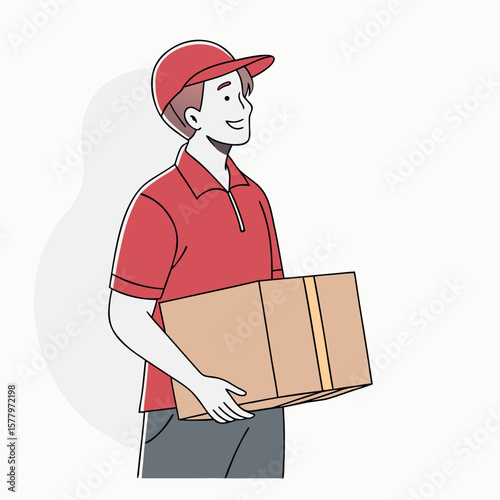 Happy Delivery Person Vector – Smiling Courier in Red Cap Holding Package Box, Flat Design Illustration for Shipping, Logistics, E-commerce, and Customer Service Concepts

