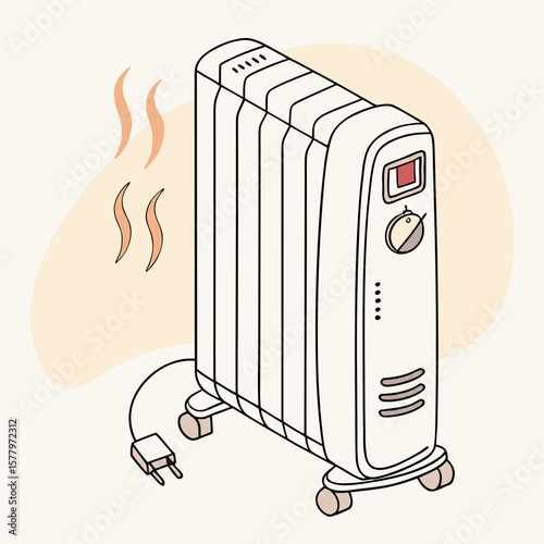 Modern Oil-Filled Radiator Heater Vector – Minimalist Appliance with Heat Waves, Control Knob, Power Cord, and Wheels for Home Heating, Winter Comfort, and Energy Efficiency Themes

