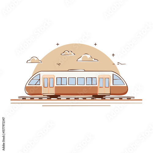 Stylish Commuter Train Illustration on Tracks with a Sun, Clouds, and Stars
