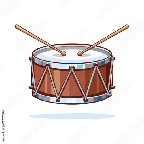 Illustration of a drum with drumsticks creating rhythmic sounds for festive beats