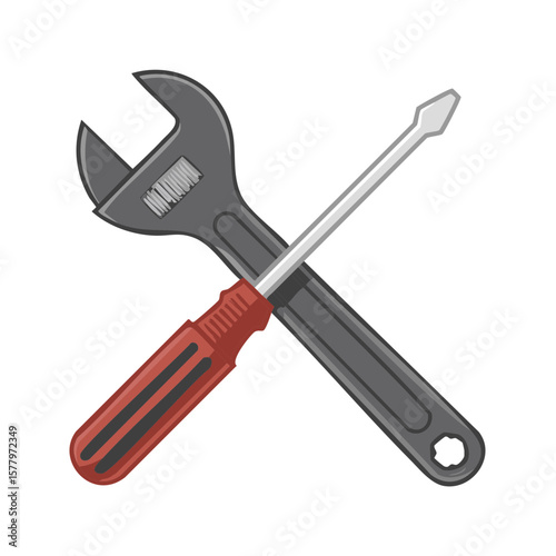 Adjustable wrench and screwdriver crossed depicting tools, mechanics, construction, repairs, maintenance, or handyman service concept