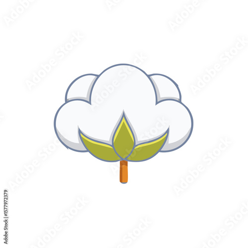 Stylized Cotton Plant Icon with Soft White Fluff and Green Leaves on Stem Simple Style