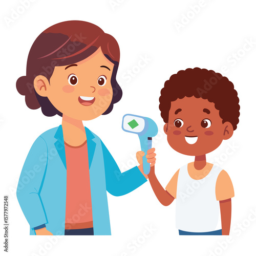 Medical professional taking temperature of young boy using infrared thermometer smiling kindly illustration
