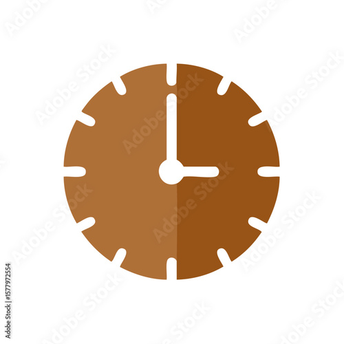 Brown clock face with white hands shows the time at twelve oh seven hours
