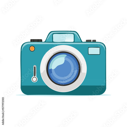 Illustration of a turquoise vintage-style camera with round lens and simple details