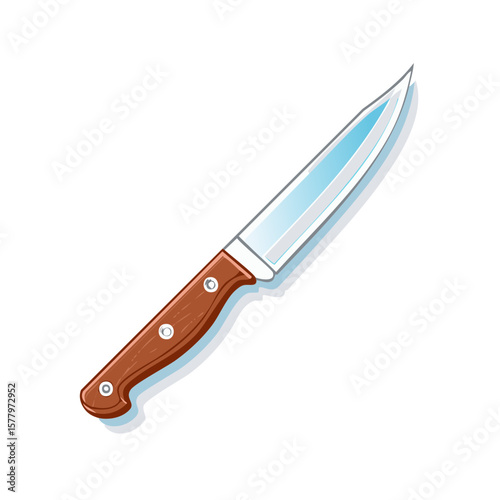 Illustration of Sharp Kitchen Knife with Wooden Handle, Professional Chef Tool for Slicing and Cutting