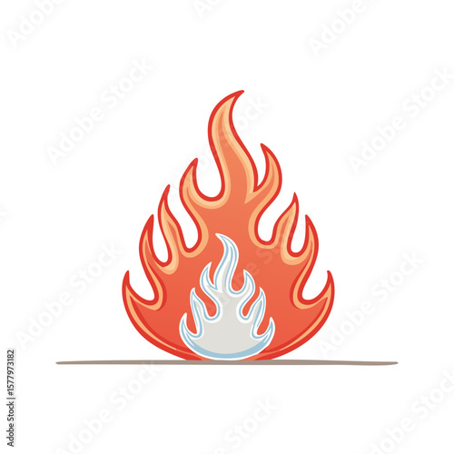 Cartoon flame with red and orange exterior and white interior representing burning danger and intense fire