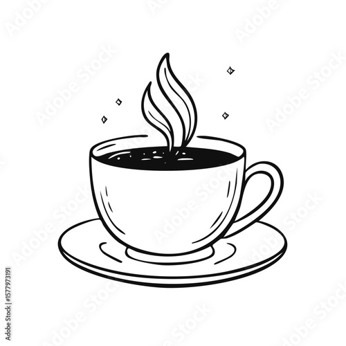 Steaming coffee cup line drawing, hot drink on saucer with steam swirls, cafe beverage illustration