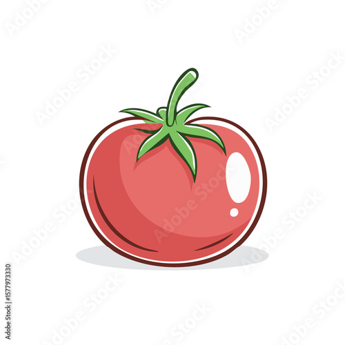 Cartoon illustration of ripe tomato with stem, showcasing fresh healthy vegetable
