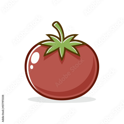 Illustrated Red Tomato with Stem and Leaves, Fresh Vegetable Icon, Food Illustration, Cartoon Style