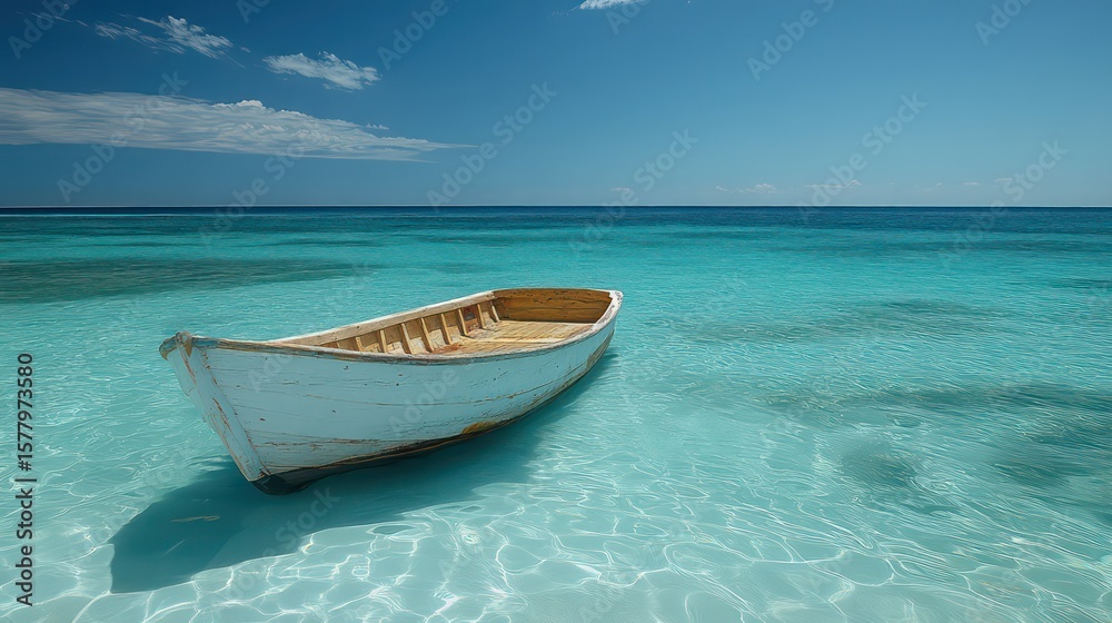 Naklejka premium Small fishing boat drifting on clear blue waters with sunlight reflections and gentle waves