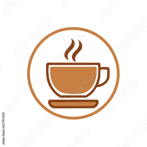 Coffee cup emblem featuring steaming coffee beverage inside a circular frame conveying warmth and inviting aroma in shades of brown