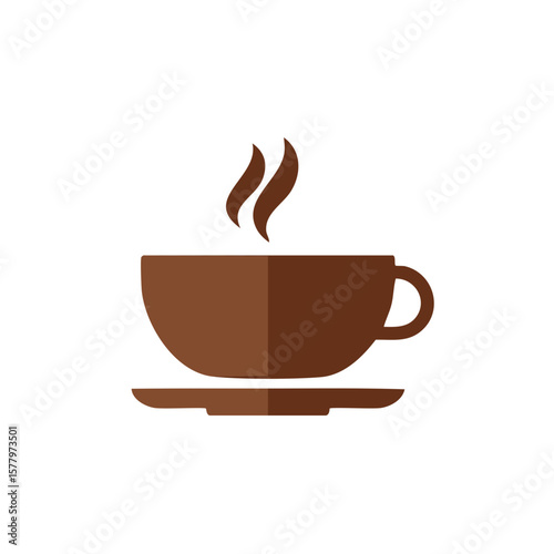 Steaming Coffee Cup on Saucer Simple Icon Flat Design Brown Color Hot Drink Graphic Element
