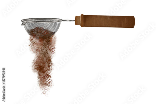 Fotografija Sprinkle with cocoa powder, decorate a small sieve to sift flour, kitchen utensils, cookbooks, cooking, hand drawn on a transparent background