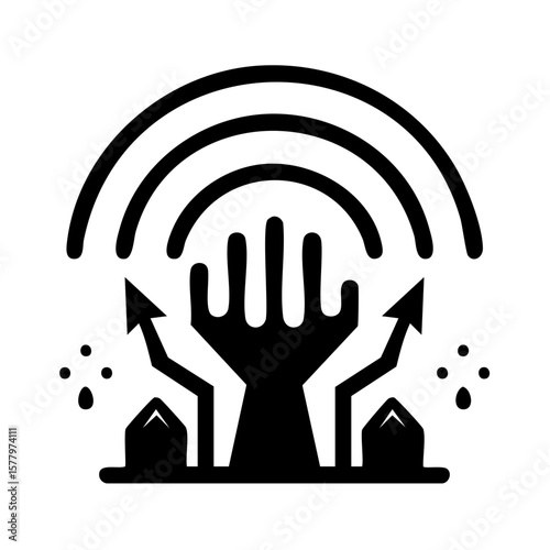 Rising hand from tombs under radio waves depicted in silhouette for signal strength concept