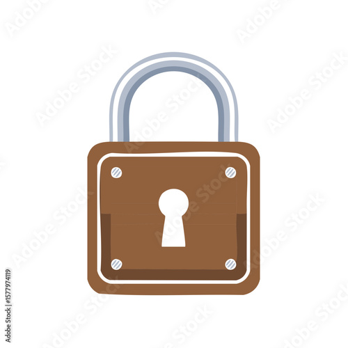 Cartoon style brown metal padlock with silver shackle and keyhole isolated on white background, safety concept
