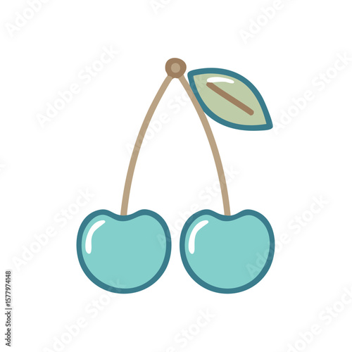 Pair of stylized blue cherries with a leaf on a white background, vector illustration