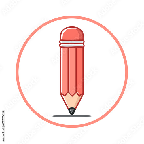Cartoon Style Pencil with eraser ready to draw with circle frame design on white backdrop