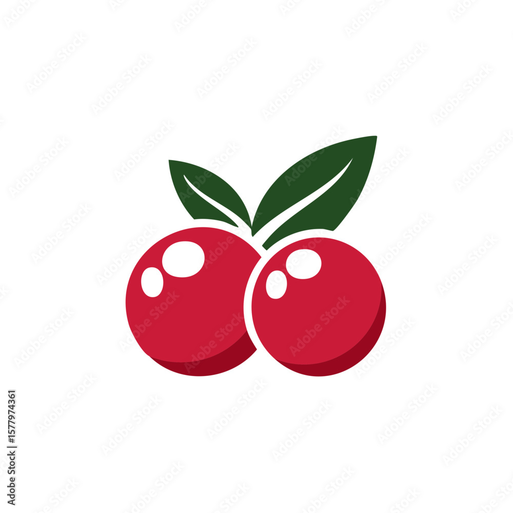 Obraz premium Vibrant Cranberry Duo with Green Leaves Graphic Red Berries Fresh Fruit Icon Simple Style Delicious Healthy Food