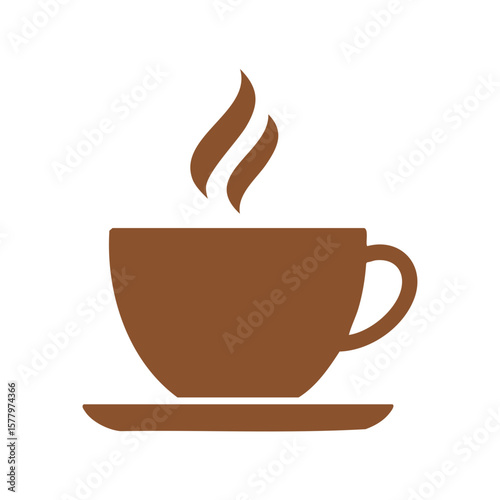 Minimalist illustration of a coffee or tea cup with rising steam, set on a saucer, evoking warm beverages and comfort.