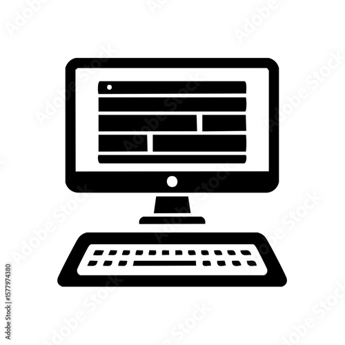 Black and white graphic icon of personal computer with screen and keyboard for digital work and communication, flat design