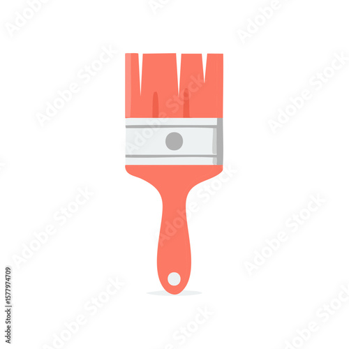 Illustration of a Flat Paint Brush with Coral Color Bristles and Handle for Painting or Home Improvement Projects