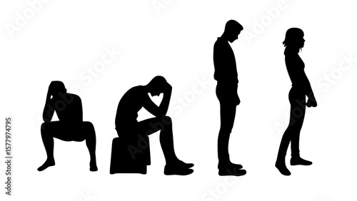 Sad and Grieving Human Silhouettes PNG Transparent Background – Sitting, Crouching, Standing