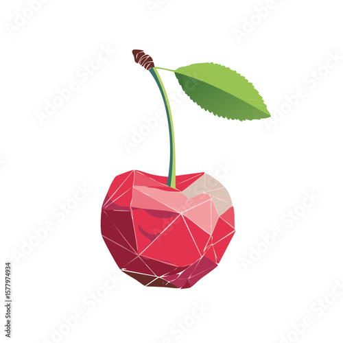 Geometric Cherry Illustration with Stem and Leaf Artistic Presentation of a Fruit