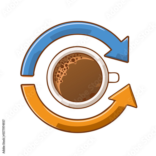 Coffee cup with cyclical arrow shapes representing a restart refresh or recharge concept for energy and productivity