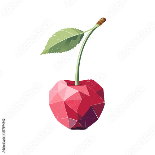 Low poly style cherry with leaf, isolated polygonal fruit illustration, modern vibrant food design element for graphic projects