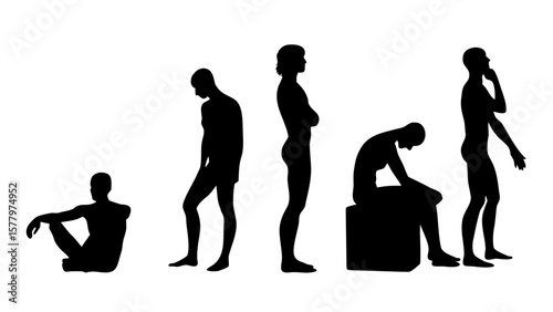 Sad and Grieving Human Silhouettes PNG Transparent Background – Sitting, Crouching, Standing