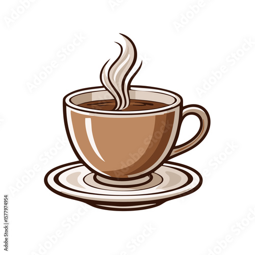 Illustration of hot coffee or tea in a brown cup and saucer with steam