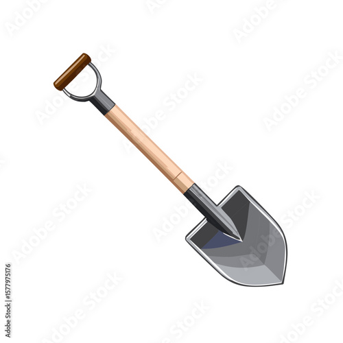 Illustration of a gray shovel with a wooden handle, commonly used for digging or gardening work